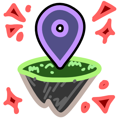 A floating island surrounded by red sparkles has a purple location pin sitting on it. The image has light line art.